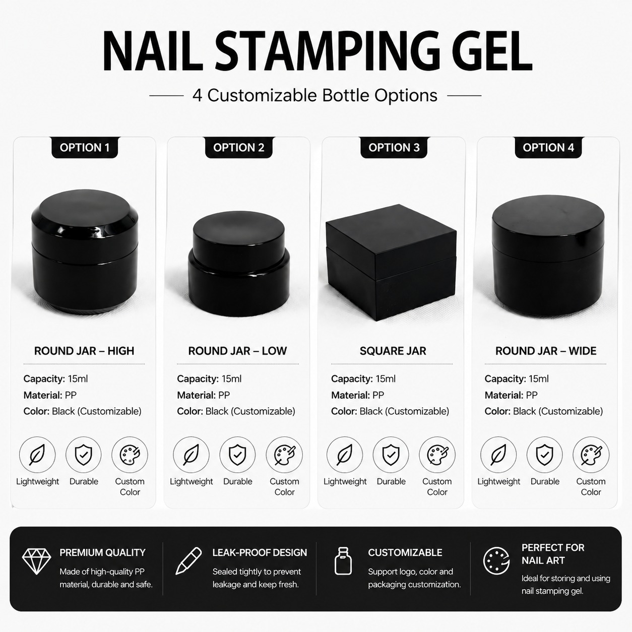 15ml Empty Nail Stamping Gel Jars 4 Styles PP Black Storage Container Custom Logo Nail Art Jar Wholesale